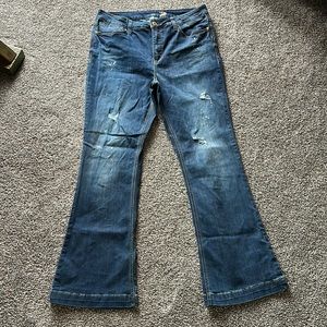 Size 16 womens flare jeans distressed and white paint accents